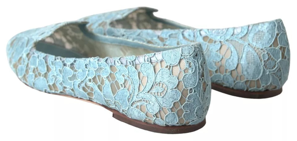 Dolce & Gabbana Light Blue Floral Lace Loafers Flats Shoes