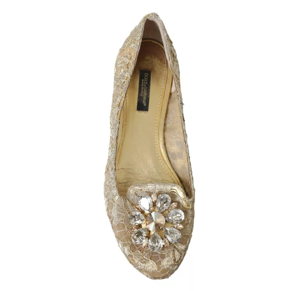 Dolce & Gabbana Gold Lace Crystal Ballet Loafers Shoes