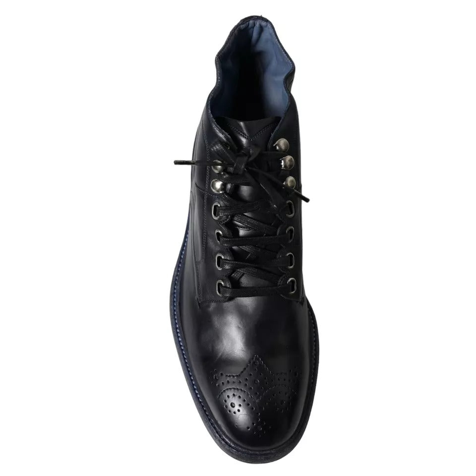 Dolce & Gabbana Navy Blue Leather Lace Up Ankle Boots Shoes