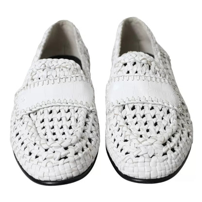 Dolce & Gabbana White Woven Leather Men Slip On Loafers Shoes