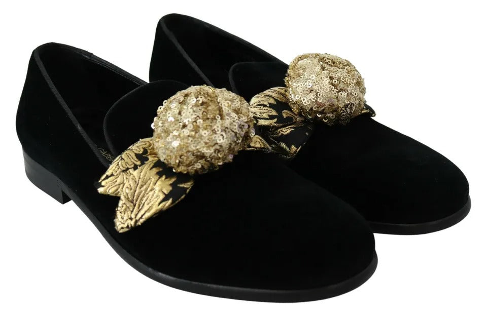 Dolce & Gabbana Black Velvet Gold Sequin Embellished Loafers Shoes