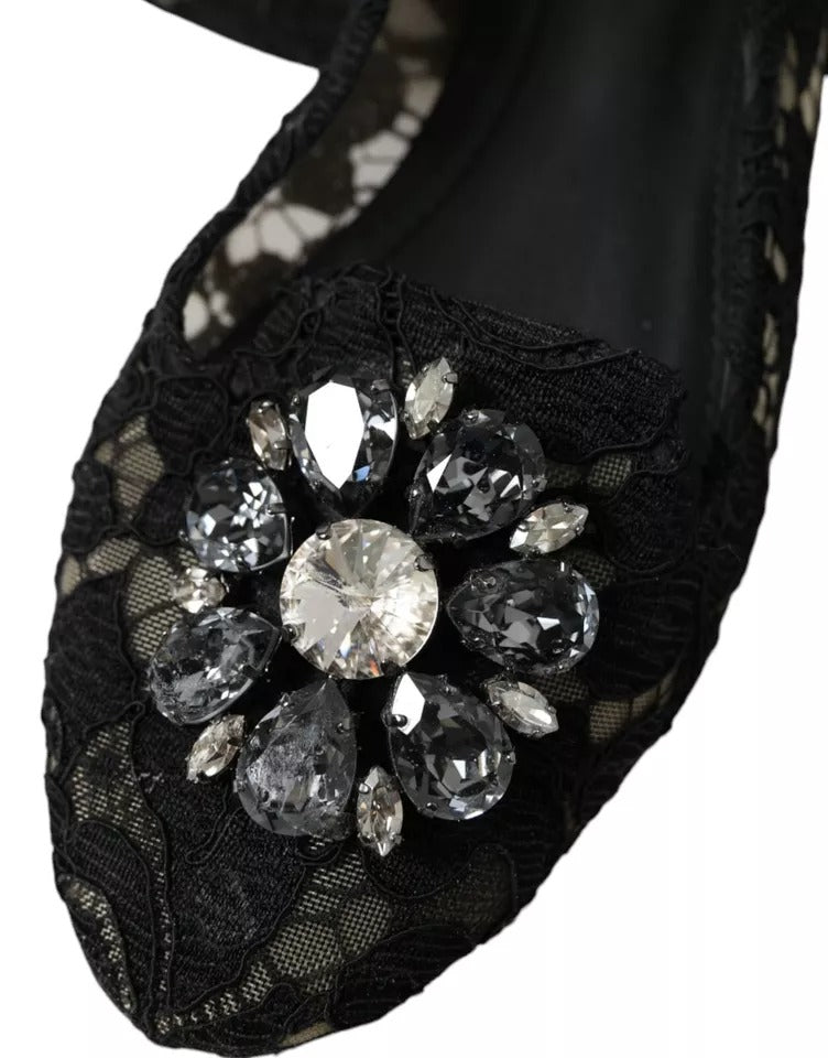 Dolce & Gabbana Black Taormina Lace Crystals Flats Shoes