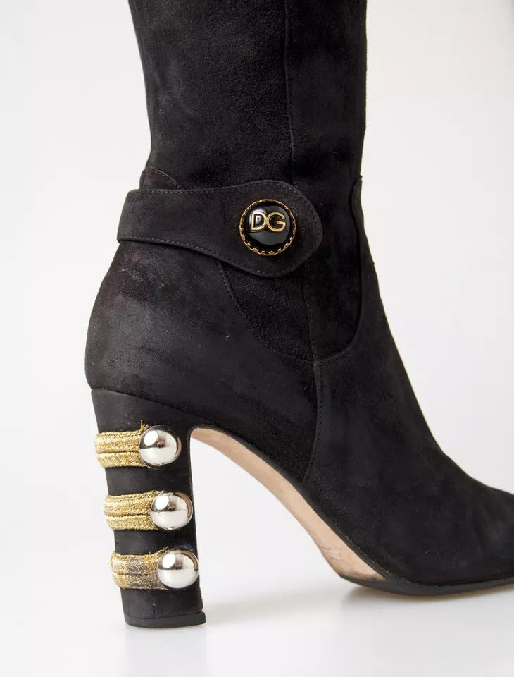 Dolce & Gabbana Black Suede Embellished High Boots Shoes