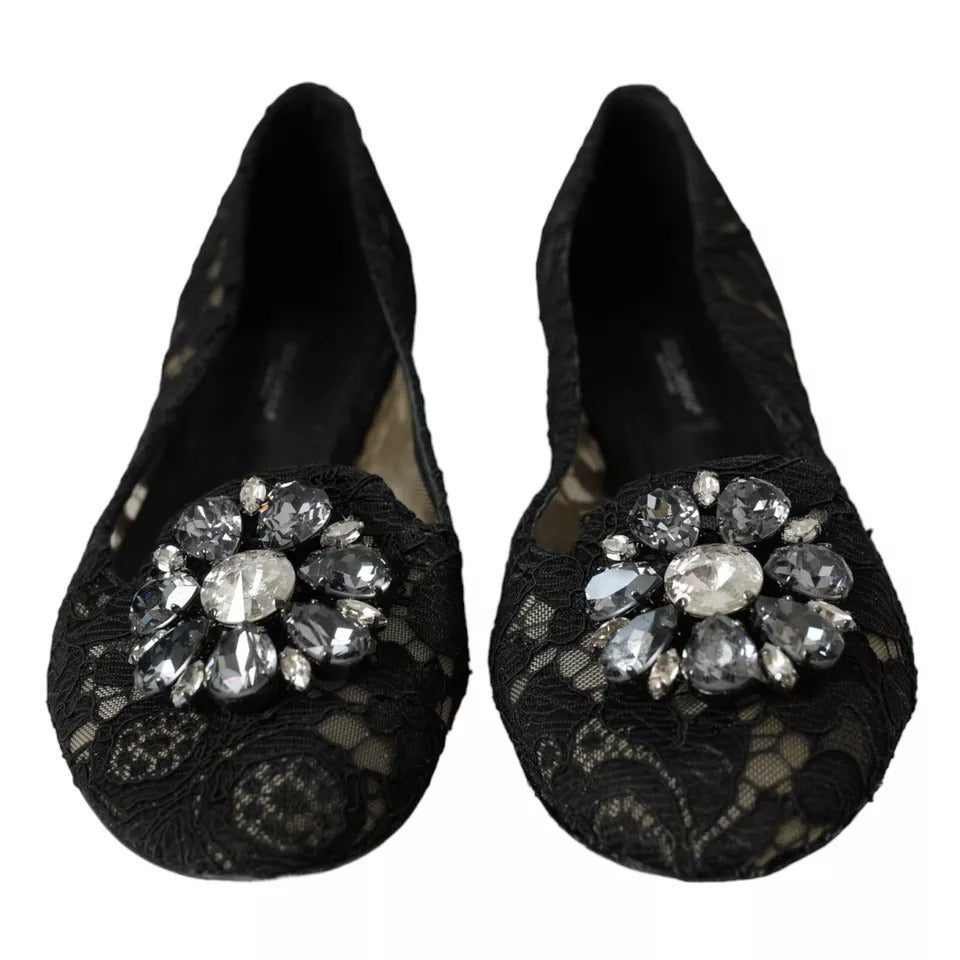 Dolce & Gabbana Black Taormina Lace Crystals Flats Shoes