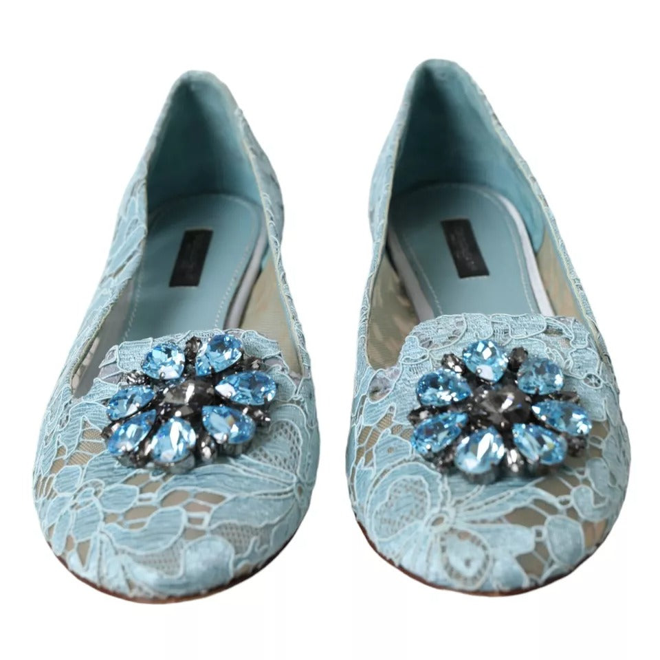 Dolce & Gabbana Blue Lace Crystal Ballet Loafers Shoes