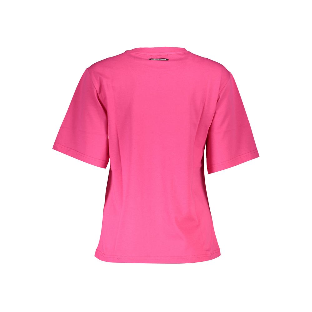 Cavalli Class Elegant Slim Fit Pink Tee with Chic Print