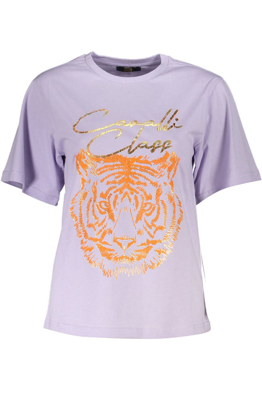 Cavalli Class Elegant Purple Round Neck Tee with Logo Print