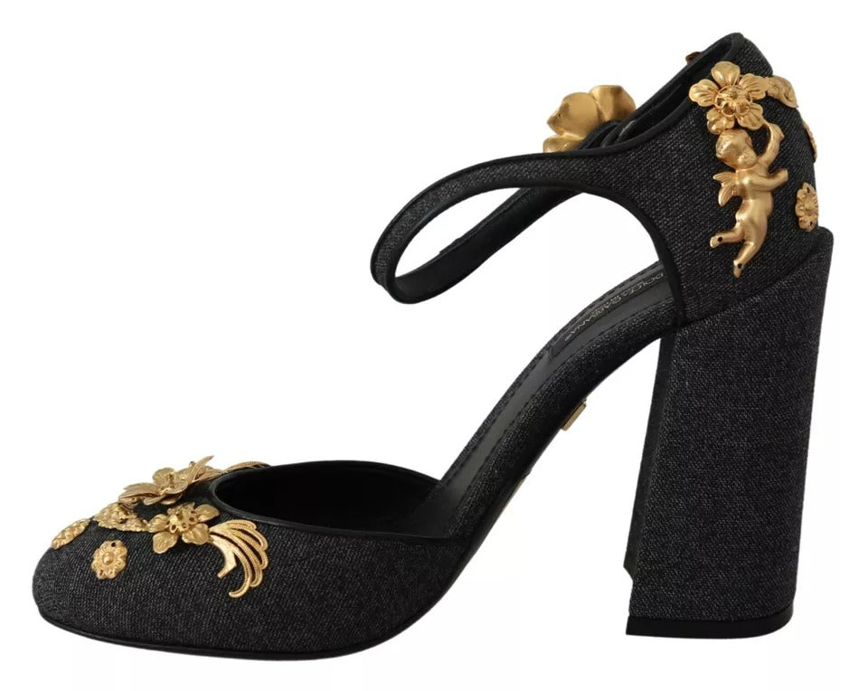 Dolce & Gabbana Black Floral Angel Applique Ankle Strap Pumps Shoes