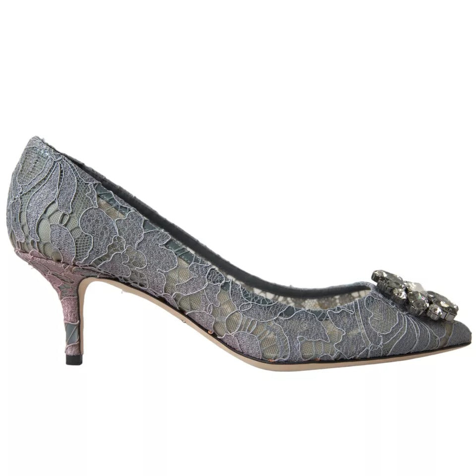 Dolce & Gabbana Gray Taormina Lace Crystal Heels Pumps Shoes