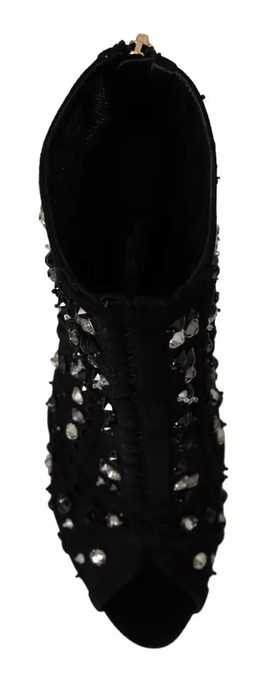 Dolce & Gabbana Black Tulle Suede Crystals Heels Boots Shoes