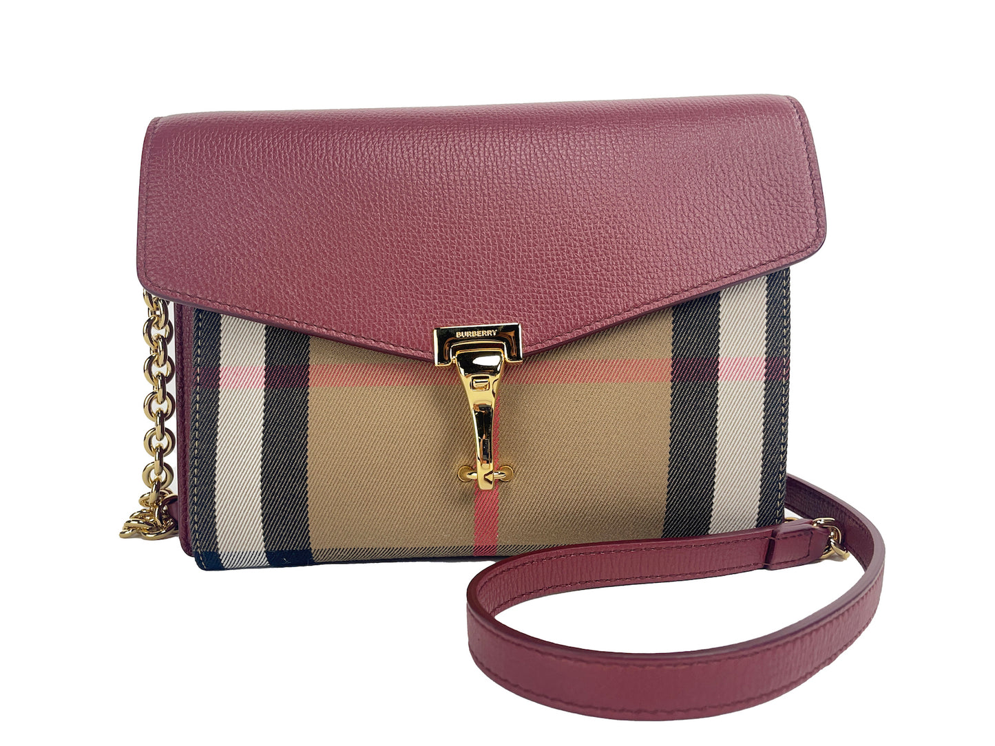 Burberry Macken Small Crimson House Check Leather Crossbody Bag