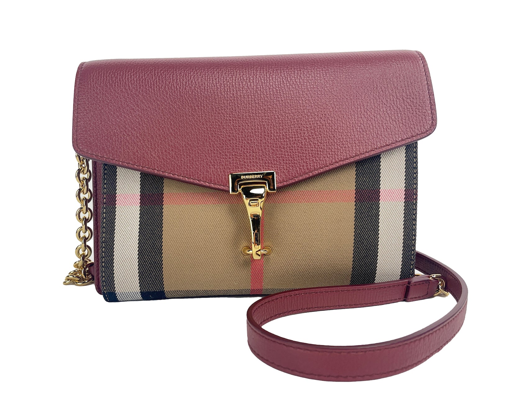 Burberry Macken Small Crimson House Check Leather Crossbody Bag