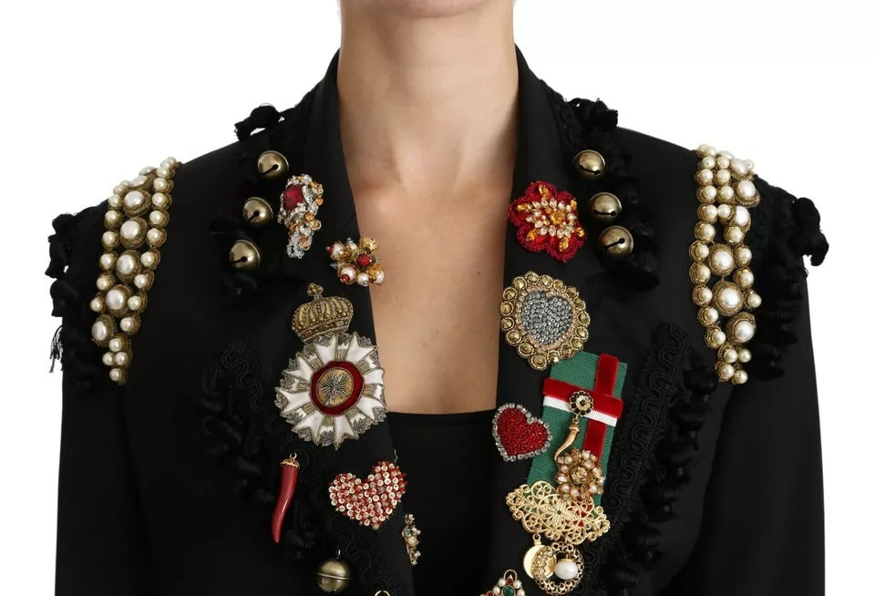 Dolce & Gabbana Black Crystal Blazer Coat Wool Jacket