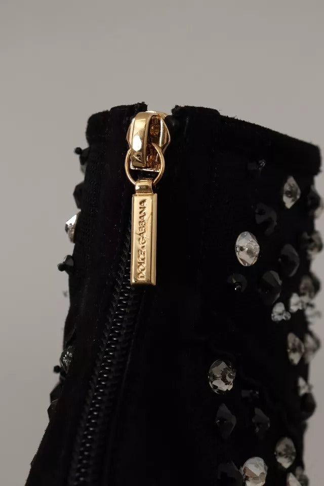 Dolce & Gabbana Black Tulle Suede Crystals Heels Boots Shoes