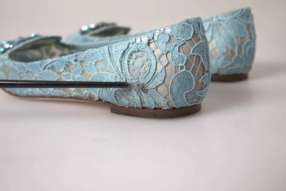 Dolce & Gabbana Blue Lace Crystal Ballet Loafers Shoes