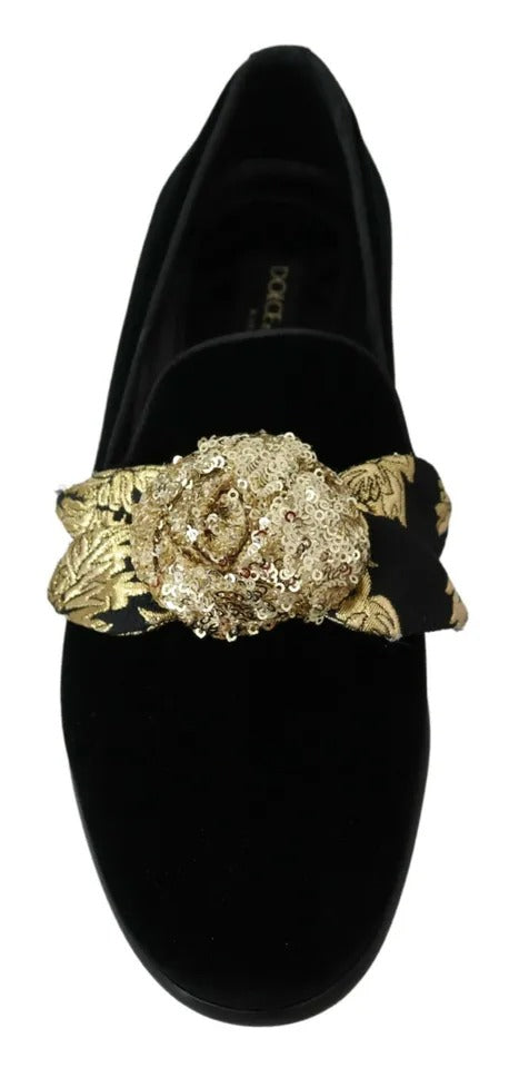 Dolce & Gabbana Black Velvet Gold Sequin Embellished Loafers Shoes