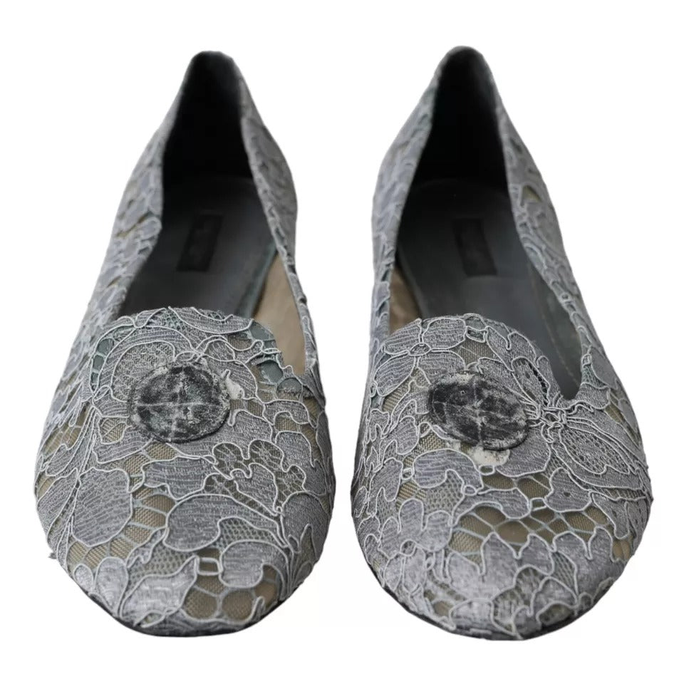 Dolce & Gabbana Gray Taormina Lace Slip On Flats Shoes