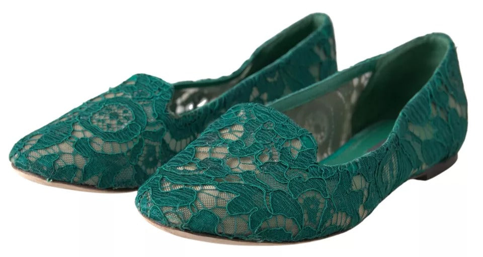 Dolce & Gabbana Green Floral Lace Loafers Flats Shoes