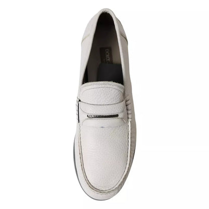 Dolce & Gabbana White Gray Leather Slip On Mocassin Loafer Shoes