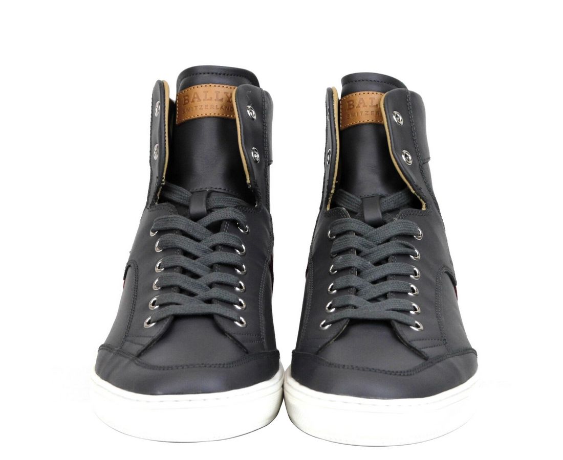 Bally Dark Grey Calf Leather Hi Top Sneaker With Red Beige