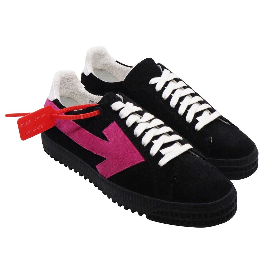 Off-White Sleek Black Suede Sneakers with Fuchsia Arrow Detail