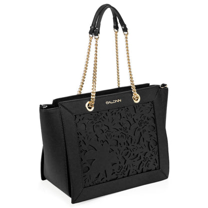 Baldinini Trend Elegant Black Floral Calfskin Shoulder Bag