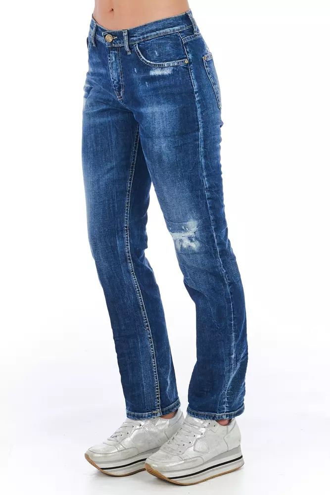 Frankie Morello Blue Cotton Blend Worn Wash Jeans