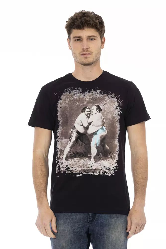 Trussardi Action Elevated Casual Black Tee with Unique Front Print