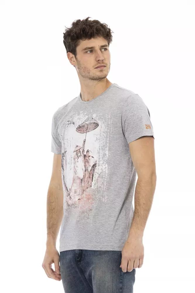 Trussardi Action Chic Gray Cotton-Blend Tee with Artistic Front Print