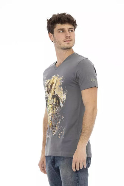 Trussardi Action Chic V-Neck Gray Tee with Striking Front Print