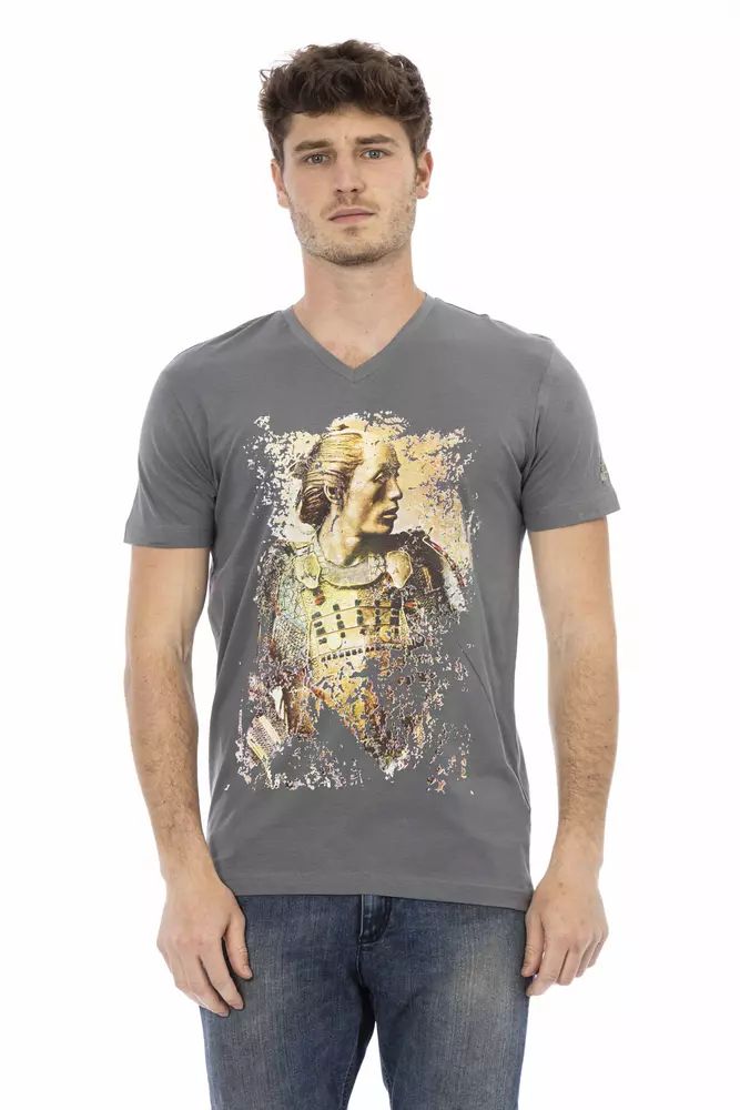 Trussardi Action Chic V-Neck Gray Tee with Striking Front Print