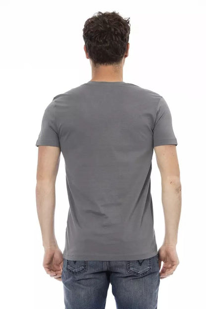 Trussardi Action Chic V-Neck Gray Tee with Striking Front Print