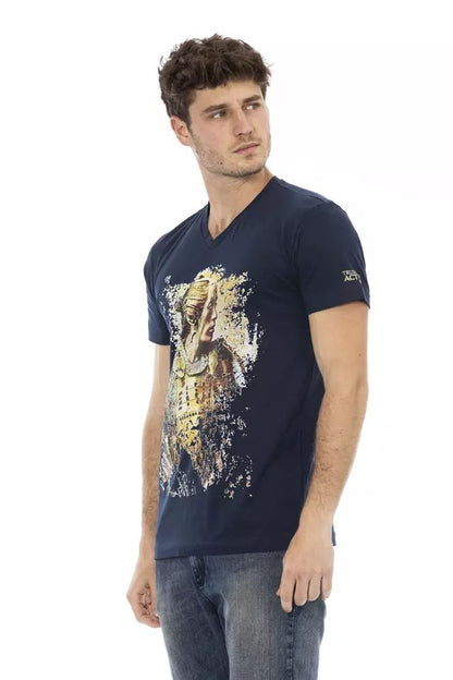 Trussardi Action Chic Blue V-Neck Tee with Elegant Front Print