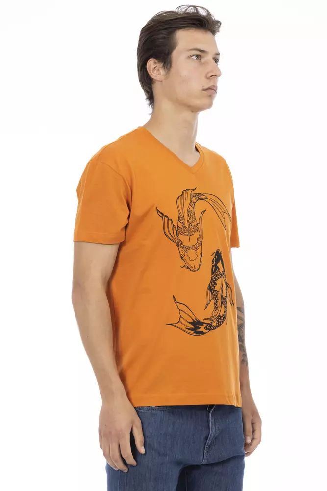 Trussardi Action Vibrant Orange V-Neck Tee with Elegant Print