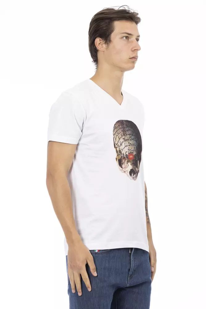 Trussardi Action Elegant White V-Neck Tee with Sleek Print