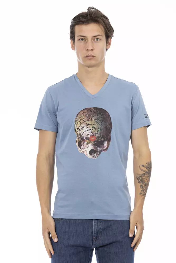 Trussardi Action Chic Light Blue V-Neck Tee with Front Print