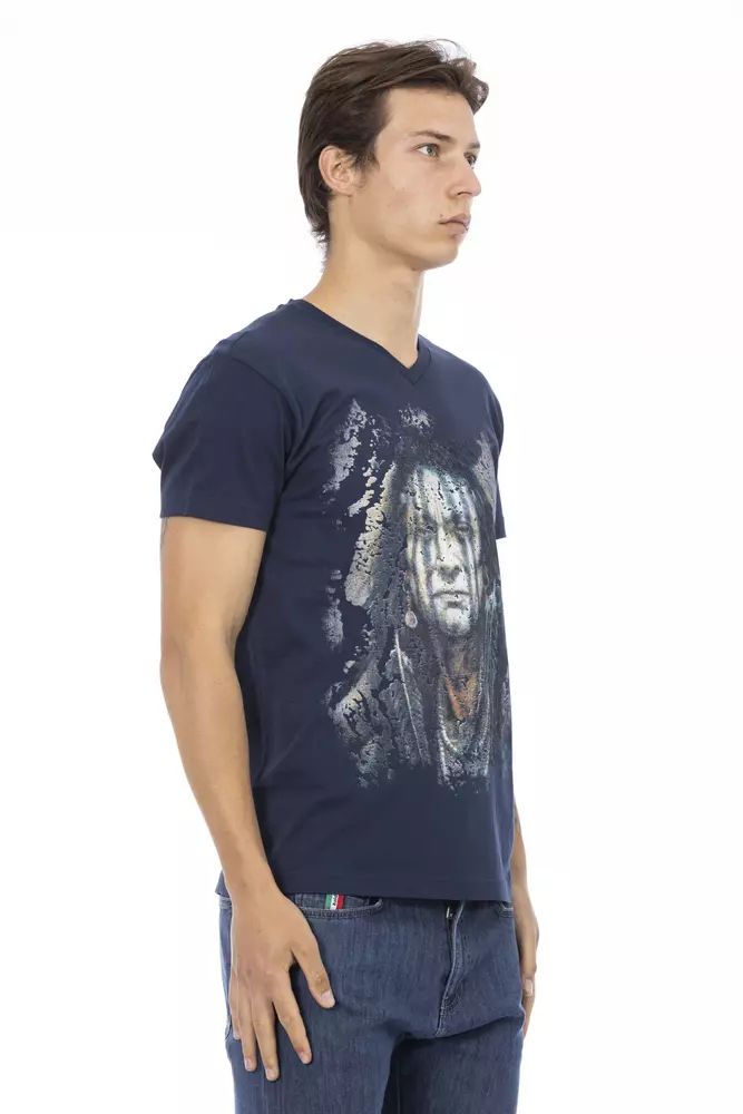 Trussardi Action Chic Blue V-Neck Tee with Bold Front Print