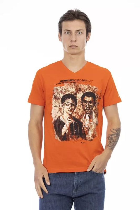 Trussardi Action Orange V-Neck Tee with Graphic Charm