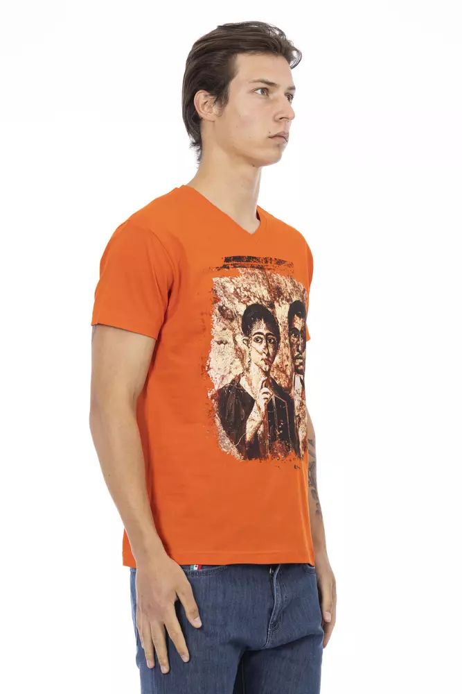 Trussardi Action Orange V-Neck Tee with Graphic Charm