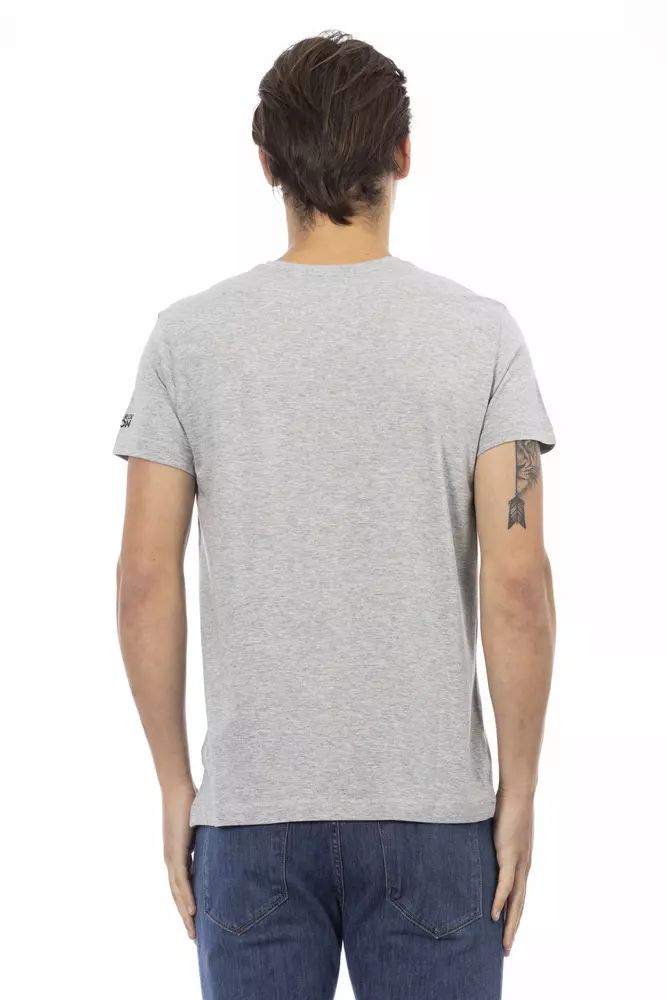 Trussardi Action Chic Gray V-Neck Tee with Stylish Front Print