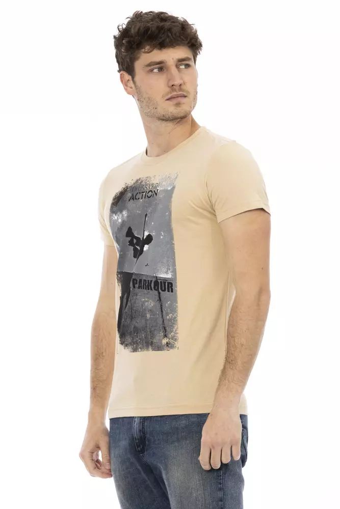 Trussardi Action Elegant Beige Round Neck Tee with Chic Print