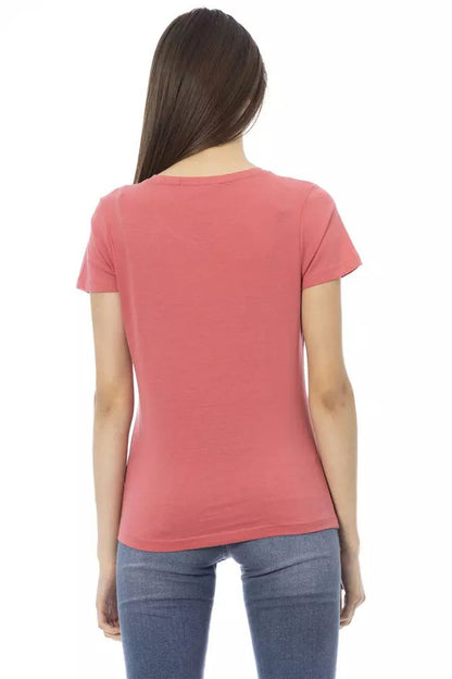 Trussardi Action Elegant Pink V-Neck Tee with Chic Print