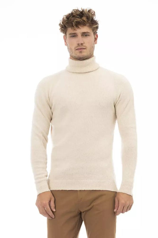 Alpha Studio Beige Turtleneck Sweater with Fine Rib Detail