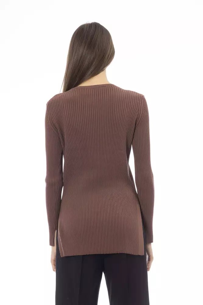 Alpha Studio Chic Brown Side-Slit Sweater with Button Details