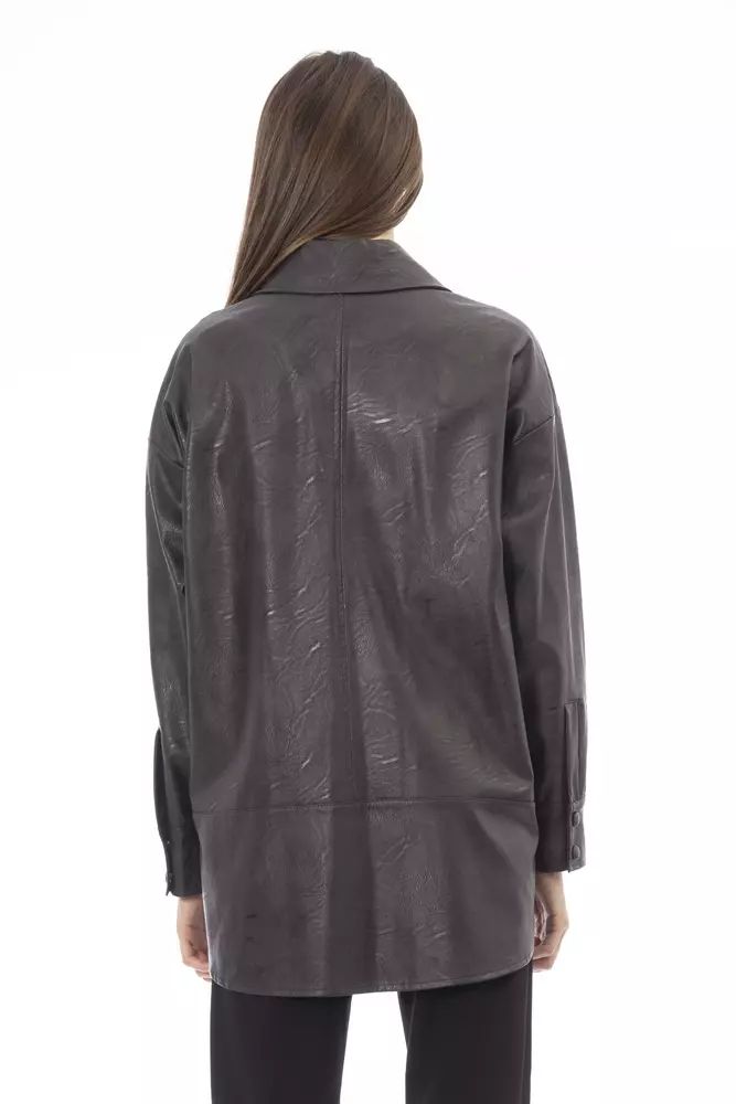 Alpha Studio Chic Brown Leatherette Shirt with Pocket Detail