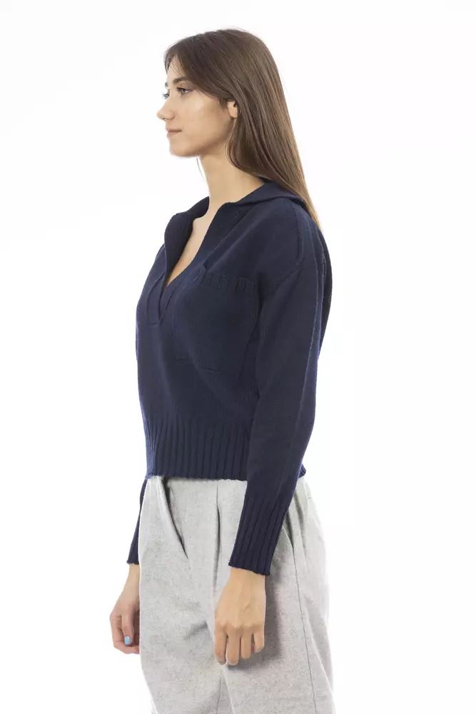 Alpha Studio Chic V-Neck Wool Blend Sweater in Blue