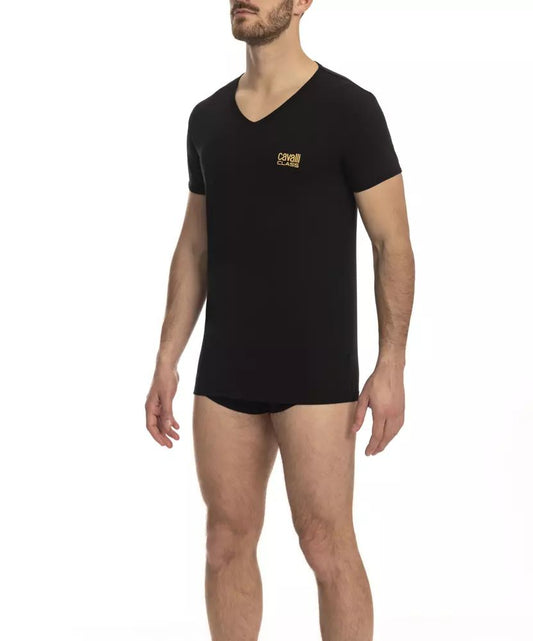 Cavalli Class Sleek V-Neck Logo Tee in Black