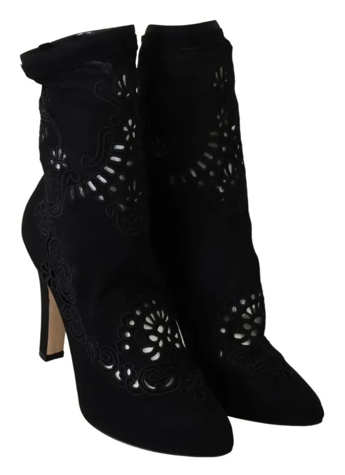 Dolce & Gabbana Black Stretch Pumps Boots Floral Lace Shoes