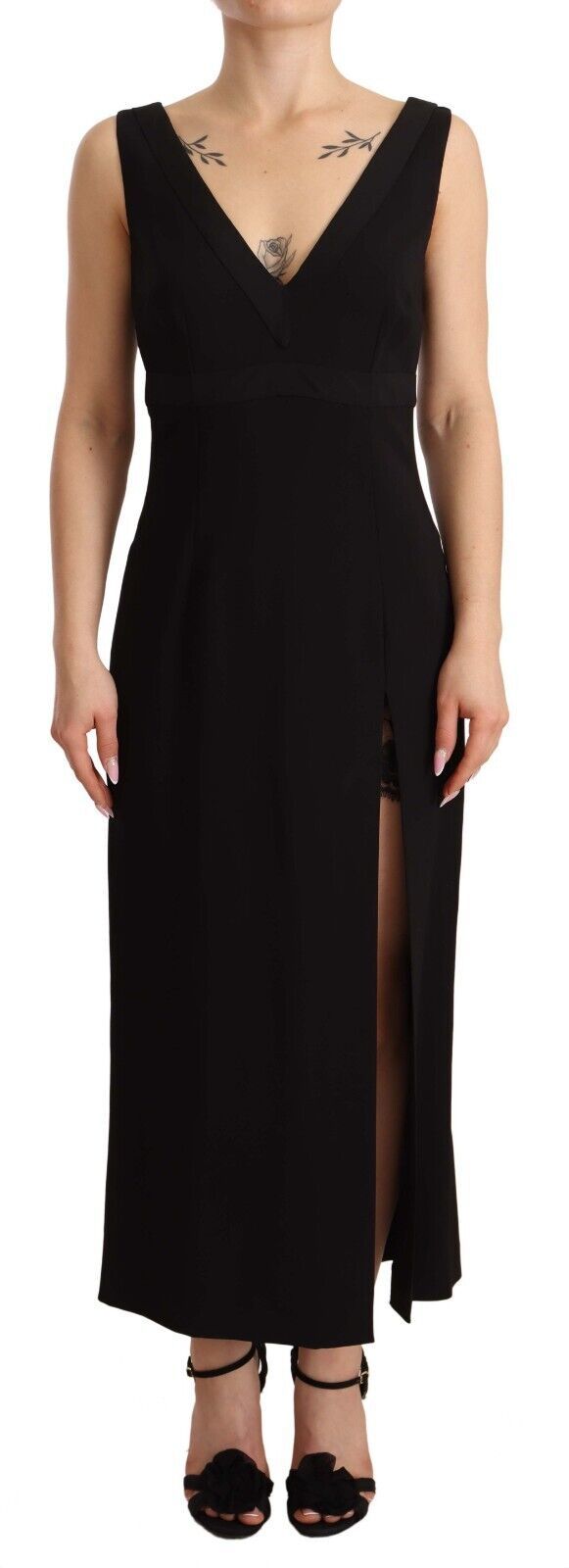 Dolce & Gabbana Elegant Black V-Neck Sheath Midi Dress