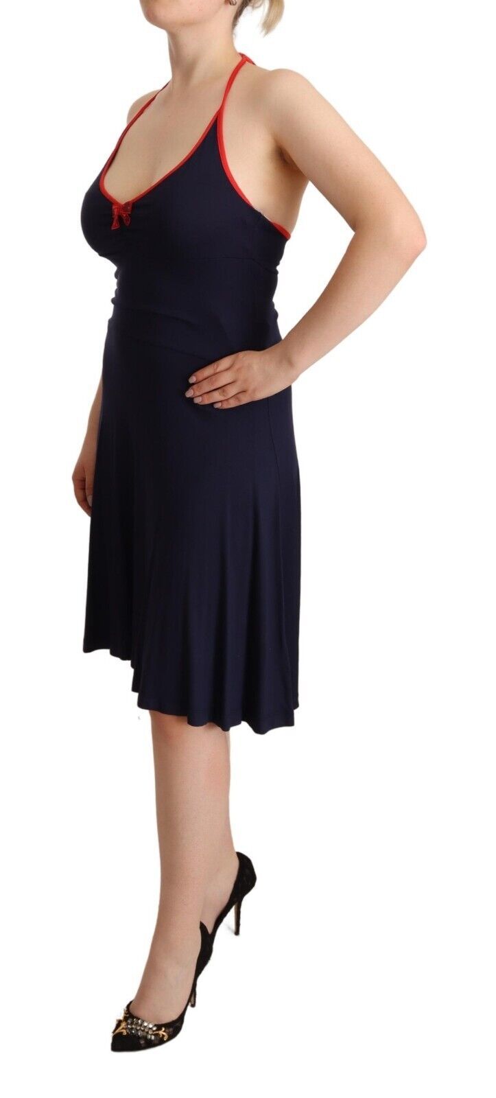 Roccobarocco Navy Blue Cotton Midi Halter Dress